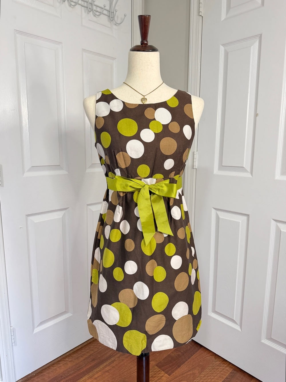 Kim Rogers Brown Polka Dot Mini Dress with Lime Sash